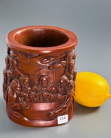 Unusual Chinese Christian Brush Pot Vase Biblical Matthew Jesus Last Supper Scene