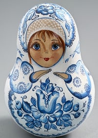 Russian Wooden Folk Doll Blue & White Hand Painted Roly Poly Matreshka Toy with Musical Bells
