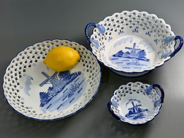 Delft Blue Pierced Basket Bowl Lot of 3 Serving Dishes Made in Holland