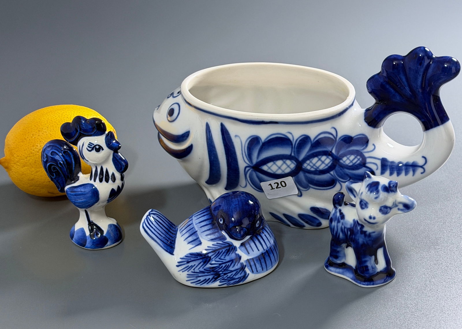 Gzhel Russian Blue White Porcelain Decorative Figurines & Fish Planter Lot of 4 Items (1 of 5)
