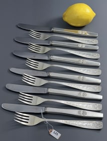 Vintage Mid Century Modern Russian Flatware Soviet Union Folk Pattern Dinner Fork Knife 6 Sets