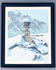 Hans Figura Austrian 1898-1978 Alpine Village Winter Landscape Tyrol Aurach Chapel with Onion Dome