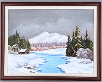 Winter Landscape Oil on Board Painting Snow Mountains Cabin in Woods Carved Wood Frame