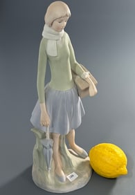 Tall Mid Century Bisque Porcelain Figurine of Maiden with Umbrella