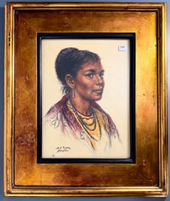 Bill Hampton American Artist 1925-1977 Portrait of Mexican Girl Charcoal Mixed Medium on Textured