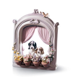Lladro 06502 Figurine of Two Little Porcelain Dogs Looking out of a Window with Four Pots Full of