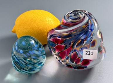Art Glass Signed Paperweight Twisted Iridescent Multicolored Spiral Snail Scramble & Egg Shaped Lot