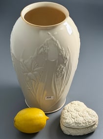 Lenox Ivory Porcelain Embossed Floral Design Vase & Heart Shaped Trinket Box Lot of 2 Items