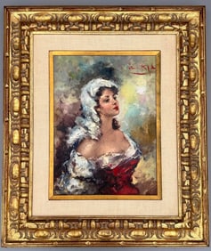 Beauty Portrait Mid Century Vintage Italian Maiden Painting on Canvas Framed into Carved Wood Frame