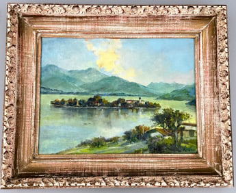 Fraueninselis Island Chiemsee Lake Germany Vintage Framed Oil on Board Painting