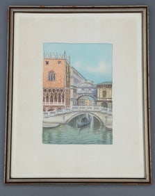 Antique Italian Venetian Gondola Watercolor c.1900 Artist Signed Ponte della Paglia the oldest stone