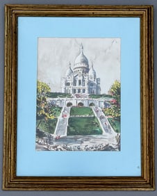 Vintage Watercolor Basilique de The Sacre Coeur de Montmartre Framed Painting Depicting the Famous