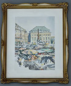 Vintage Framed Print Marktplatz depicting Market Square with the historic City Hall in Bonn, Germany