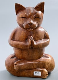 Yoga Cat in Lotus Position Vintage Carved Wood Humorous Statue Mid Century Decor