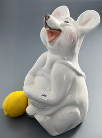 Laughing Mouse Large Vintage Glazed Ceramic Happy White Rat Figurine Mid Century Decor