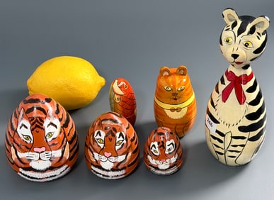 Cat Nesting Doll Hand Painted Wooden Lot of 2 Sets Domestic and Wild Animals