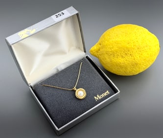 Monet Faux Pearl Pendant on Gold Tone Chain Unused Boxed Vintage Costume Jewelry