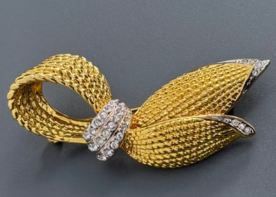Yellow Gold Plated Jeweled Bow Scarf Ribbon Brooch
