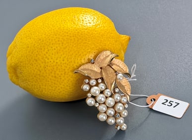 Vintage Trifari Pearl Grape Cluster Rhinestone Jeweled Brooch Gold Tone Mid Century Costume Jewelry