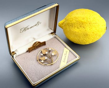 Krementz Cultured Pearl 14K Rolled Gold Overlay Round Brooch Vintage Costume Jewelry