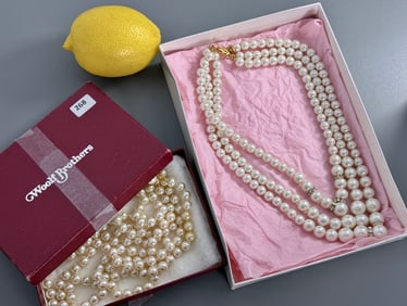 Vintage Costume Jewelry Faux Pearl Necklaces Two Strand & Jeweled Three Strand Necklace Lot of 2