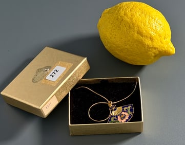 Giovanni Oriental Style Fan Cloisonne Enamel Pendant on Gold Tone Chain Vintage Boxed Unused Costume