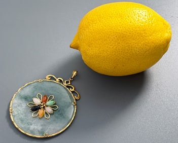 Jadeite Jade Luck Long Life Bi Disc Large Round Pendant in 14K Gold Frame Multicolored Hard Stone