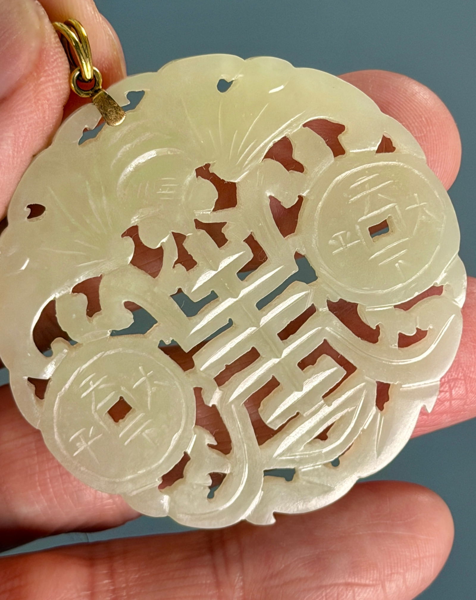 Chinese Celadon Jade Carved Pendant Double Happiness Openwork Large Oriental Disc Amulet (1 of 3)