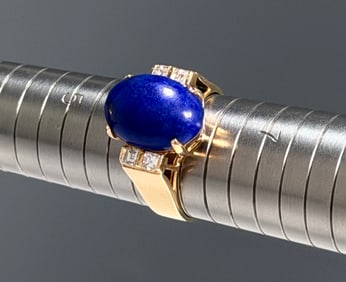 Italian 14K Gold Lapis Lazuli Cabochon Diamond Accented Ring Fine Estate European Jewelry Size 6 - 6