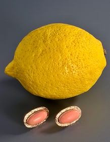 Vintage Oval Pink Coral 14K Gold Carved Frame Screw Back Earrings