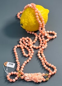 Carved Angel Skin Coral Pendant on Double Strand Pink Coral Bead and Gold Fittings Necklace Chinese