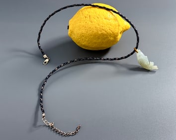 Carved Jadeite Fish Amulet on Braided Leather Strand Chinese Hard Stone Carving