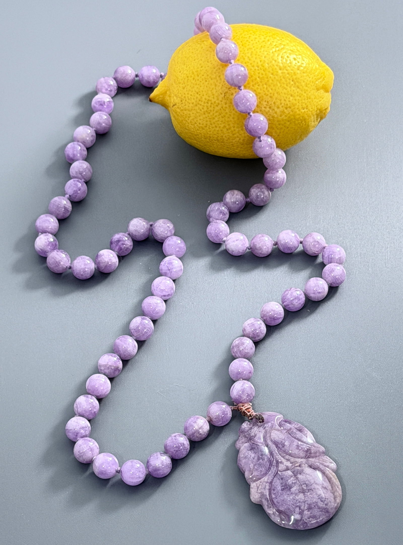 Chinese Amulet Carved Amethyst Pendant on Round Bead Necklace Vintage Natural Gemstone Mid 20th (1 of 5)