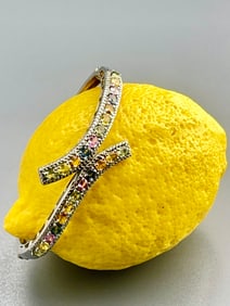 Hinged Cuff Bracelet 925 Sterling Silver Jeweled With Multi Colored Oval Cut Gemstones