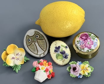 Vintage Porcelain Lid Hinged Pillbox Ceramic Brooches etc As Pictured