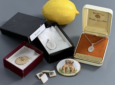 Oval Porcelain Dog Brooch Vintage Nacre Cufflinks Pins & Pendants Including Sterling Lot As Pictured