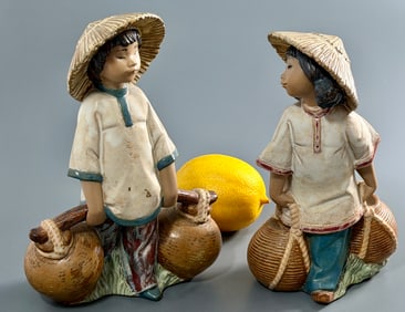 Lladro Chinita Cargada 2152 & 2153 Chinese Boy with Jars Lot of 2 Rare Porcelain Figurines Sculpted