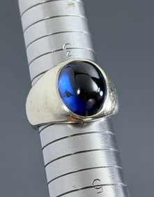 Vintage Cabochon Blue Sapphire White Gold Ring Hallmarked 14