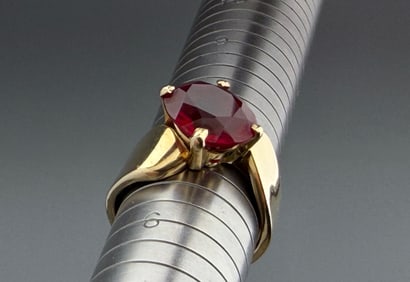 Vintage Mid Century Custom Order Hand Made 14K Yellow Gold Tested Unmarked Ring with Synthetic Ruby