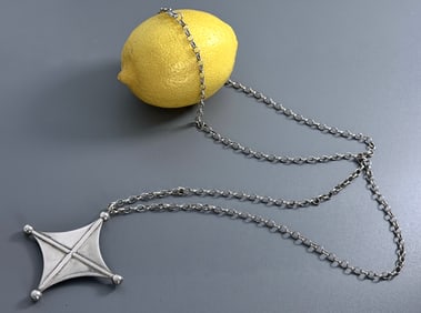 Mid Century Gothic Large Silver Brutalist Cross Fully Hallmarked Pendant Necklace on Long Sterling