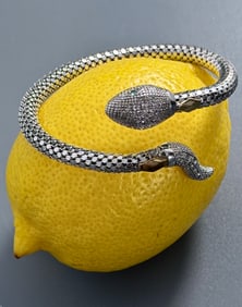 Italian Sterling Silver Snake Bracelet Green Jeweled Eyes