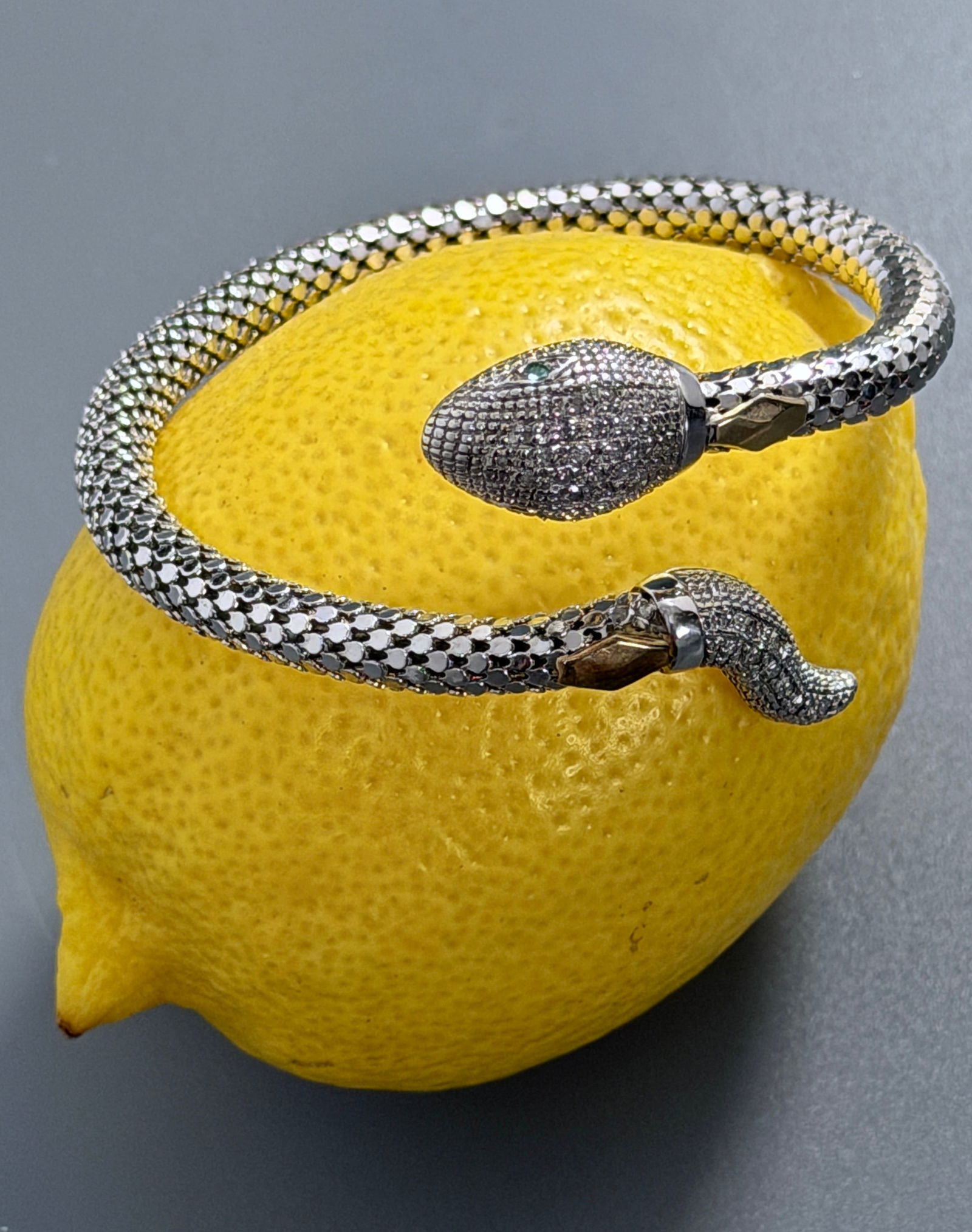 Italian Sterling Silver Snake Bracelet Green Jeweled Eyes (1 of 7)