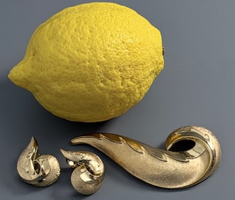 Trifari Mid Century Costume Jewelry Garniture Brooch Clip Earrings Brushed and Shiny Gold Tone