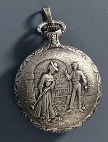 Art Nouveau Swiss Hunter Case Pocket Watch Croquet Scene Lid White Enamel Arabic Numerals Dial