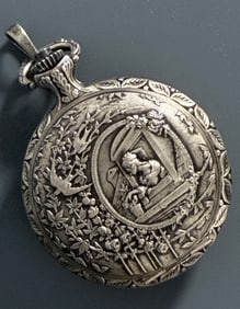 Swiss Made Ornate Hunter Case Pocket Watch Lady in Window and Bird Scene Mechanical Incabloc Shock