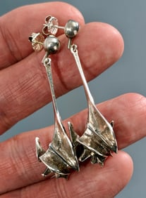 Ronald Hayes Pearson Mid Century Modernist Signed Sterling Earrings Hanged Abstract Brutalist Mace