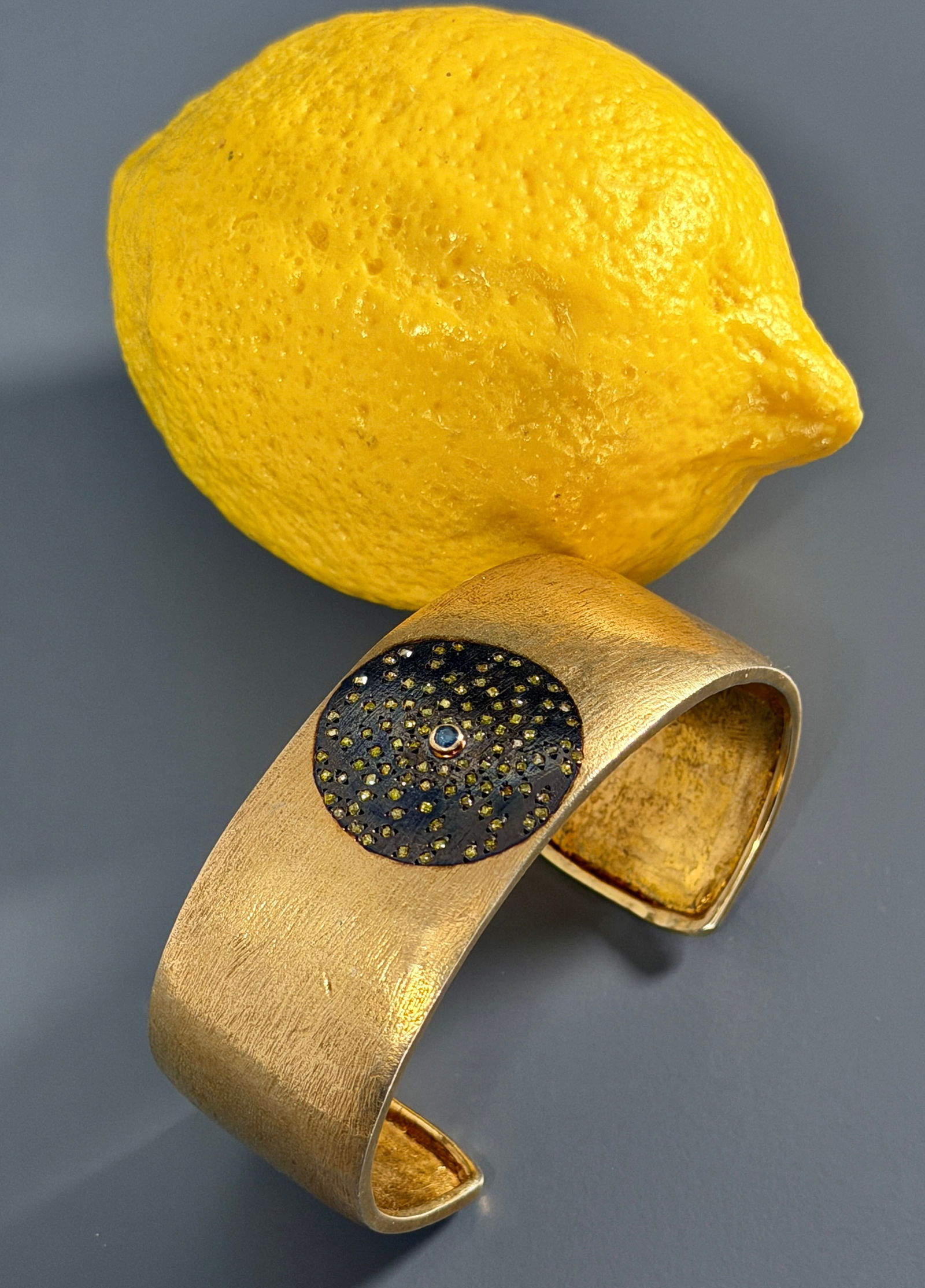 Fancy Yellow Diamonds Blue Sapphire Gold Vermeil Blackened Silver Modernist Designer Cuff Bracelet (1 of 8)