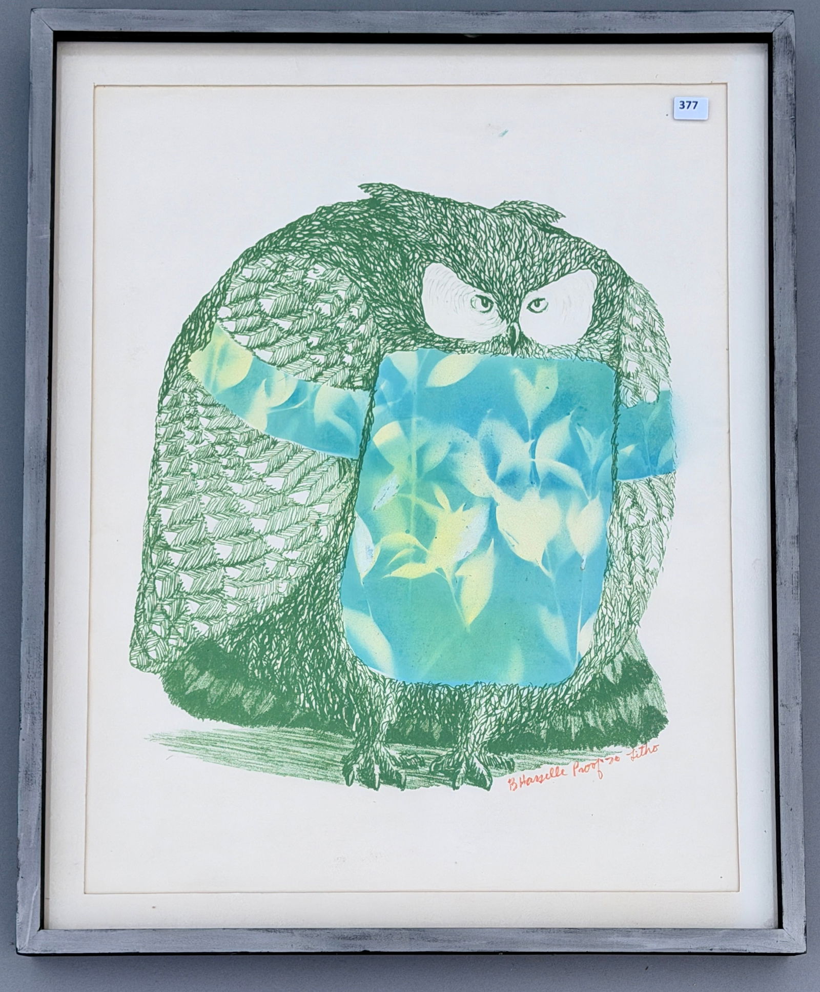 Bruce Robert Hasselle American 1943-1998 Abstract Owl Artist Proof Lithograph Dated 1970 Framed (1 of 4)