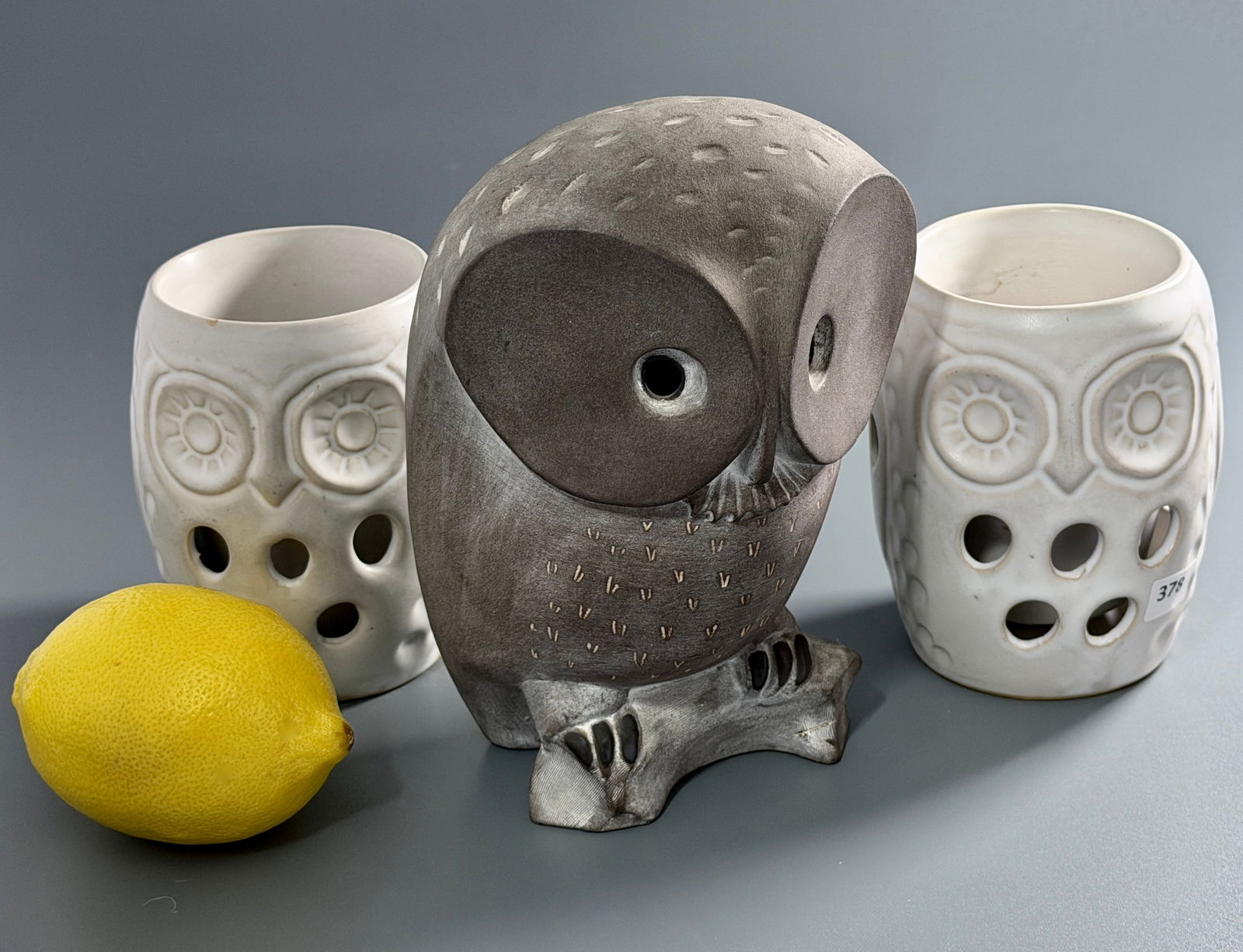 Mid Century Modern Owl Ceramic Figurine & Two Styled Owl Modernist Off White Glazed Vases (1 of 5)