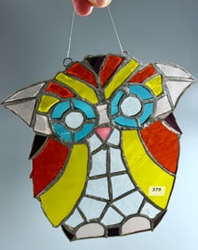 Vintage Mid Century Stained Leaded Glass Owl Suncatcher Window Shade Ornament